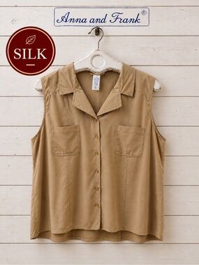 ANNA AND FRANK Beige 100% Silk Sleeveless Button-Up Blouse XL